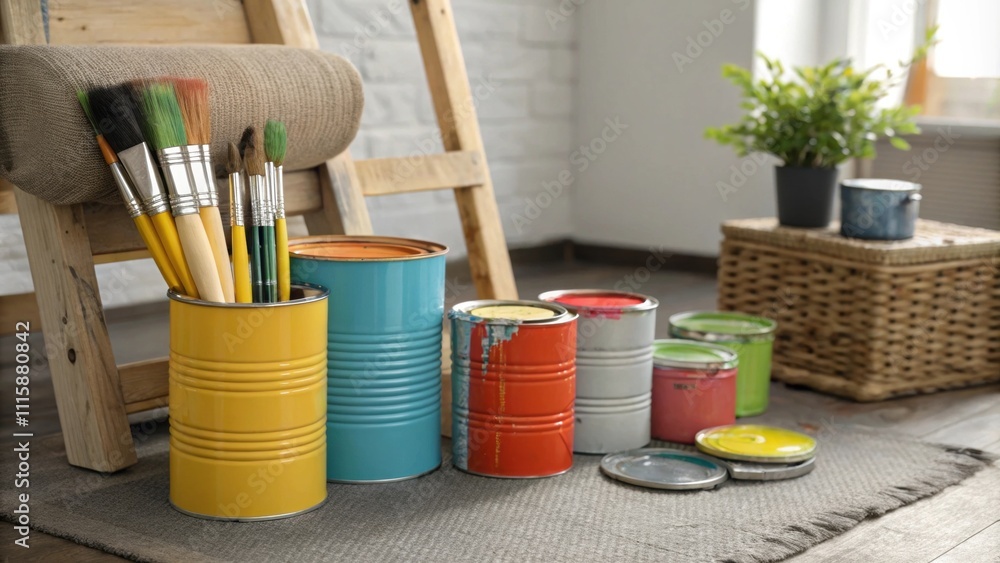 Poster An informal corner filled with brightly colored paint cans arranged casually accompanied by brushes jutting out of a makeshift holder made from an empty can.