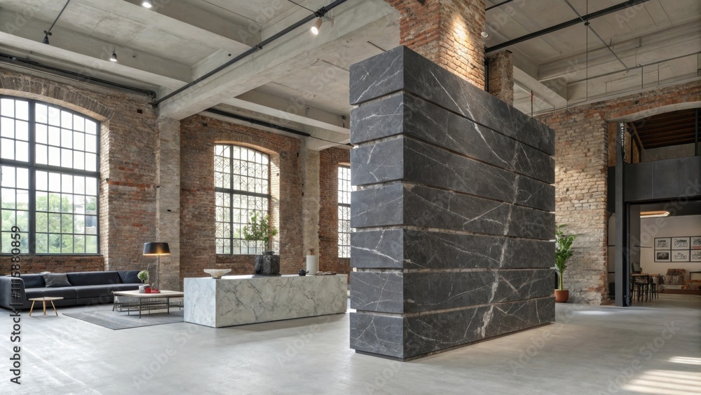 Aufkleber an industrialstyle loft with raw walls and a prominent stack of dark gray marble slabs creating a st