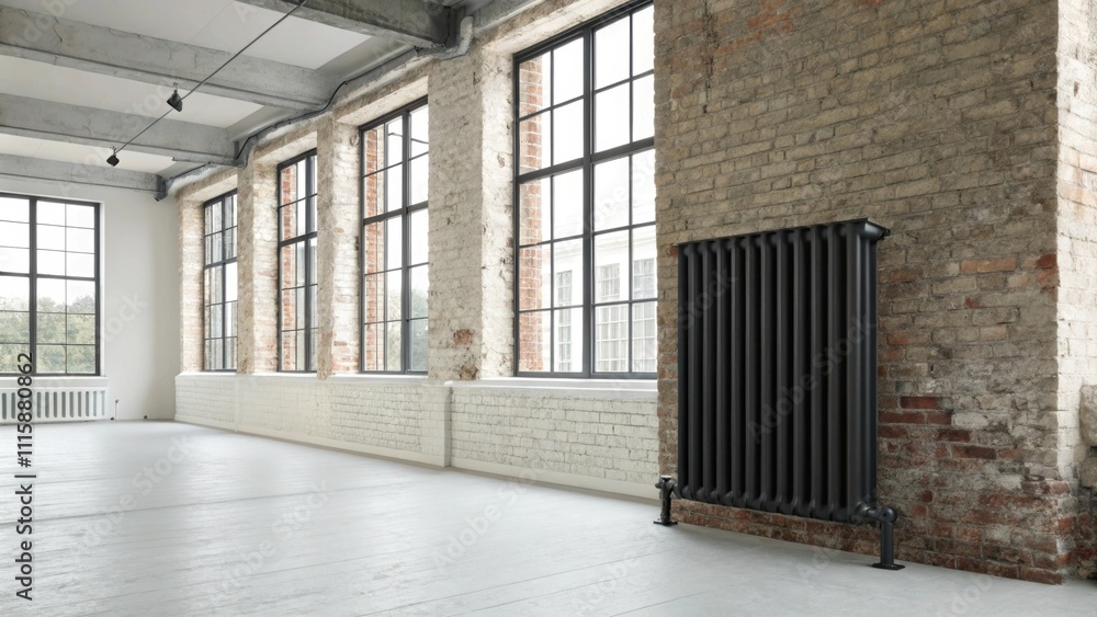 Poster an industrialinspired radiator in matte black fitting perfectly in a minimalist loft space highlight