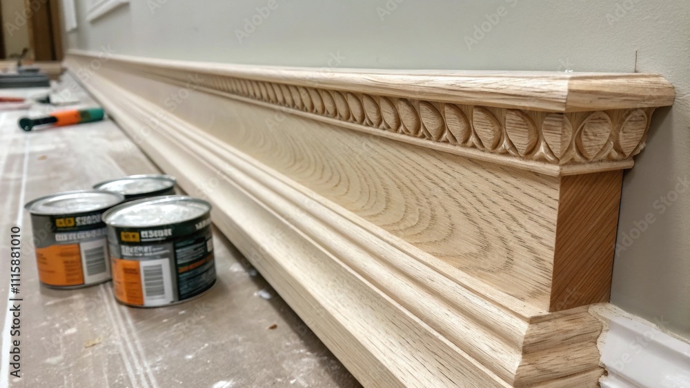 Poster An image capturing a closeup of the crown molding resting against the wall with paint cans visible in the background hinting at the coming finish and transformation.