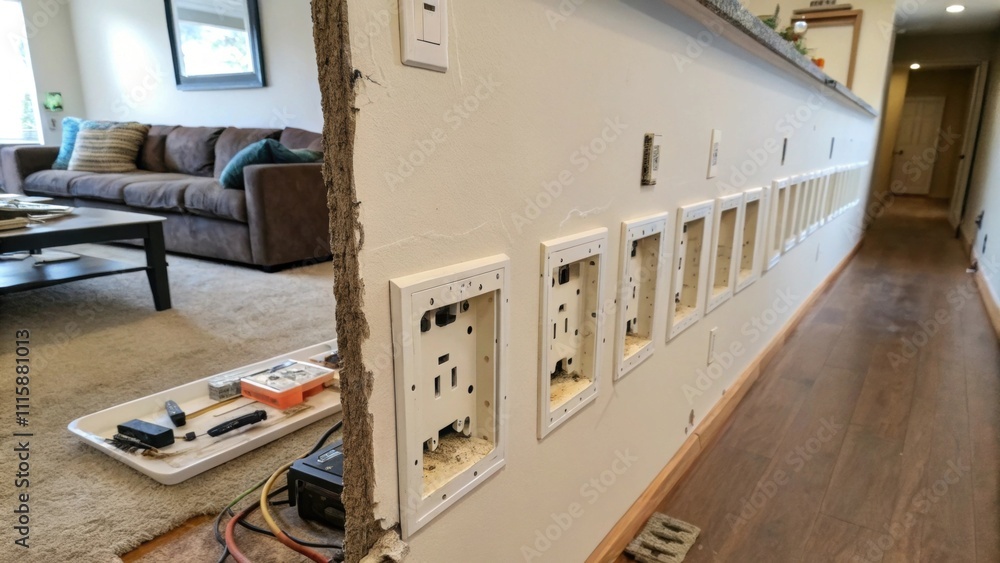 Poster an image capturing a wall in a living space with a series of freshly electrical outlet openings and 