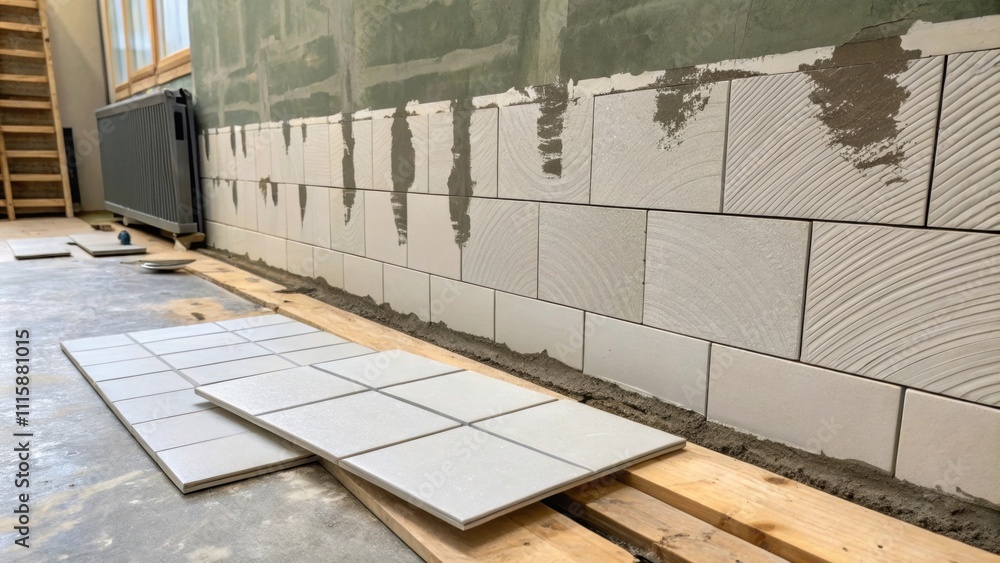 Poster An exposed wall displaying a layer of grey adhesive evenly spread across its surface with a few pieces of tile laid out nearby showcasing an upcoming transformation.