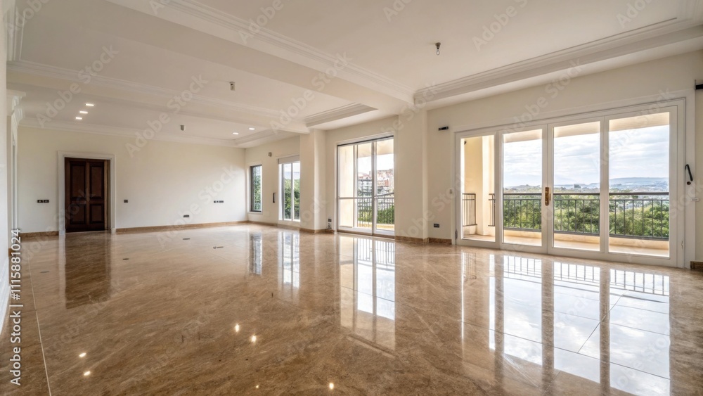 Poster an expansive view of the empty apartment with the shine of the sanded floor reflecting the surroundi