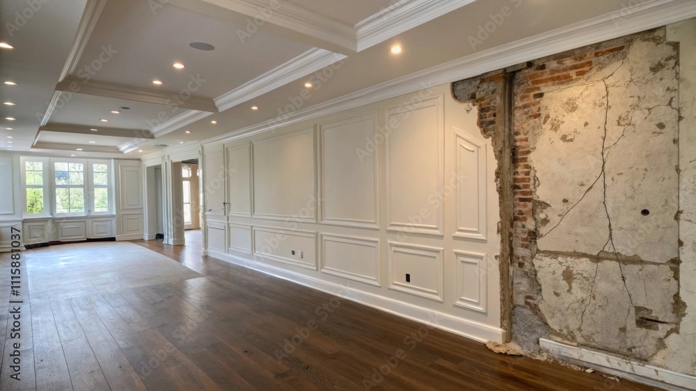 Poster An expansive wall space in a living area showing alternating sections of old plaster and newly installed drywall where renovation begins.