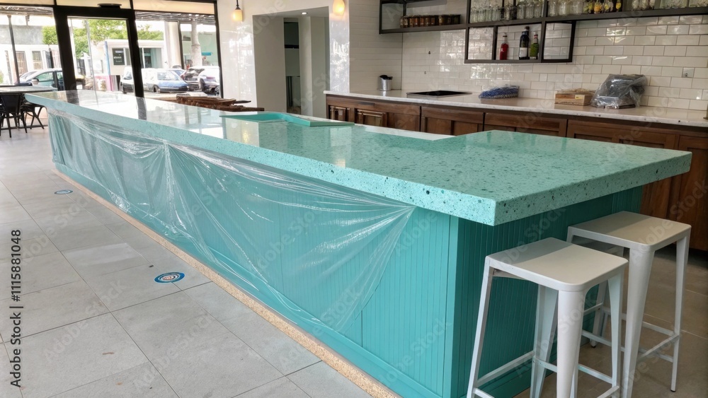 Aufkleber an eyecatching turquoise countertop glistens with potential its bright color muted by a clear plasti