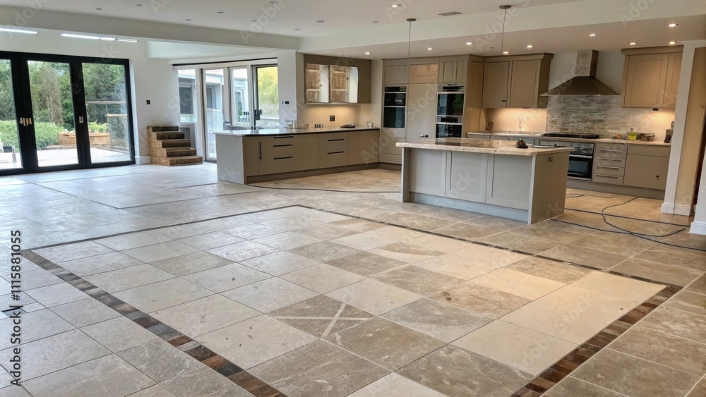 Aufkleber An expansive view of a modern kitchen with a halffinished tiled floor featuring large square tiles in neutral tones and visible areas where grout has not yet been fully smoothed