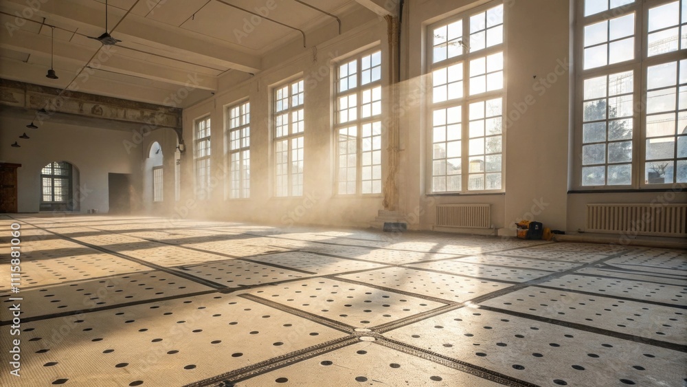 Poster An expansive room with natural light pouring in through large windows the floor covered in a light layer of dust showcasing meticulously arranged tile spacers that indicate a