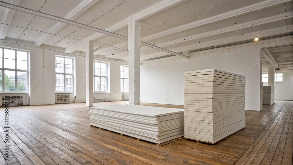 Poster An expansive room with a wooden subfloor where two stacks of drywall sheets stand out against the stark white backdrop creating a sense of anticipation for transformation.