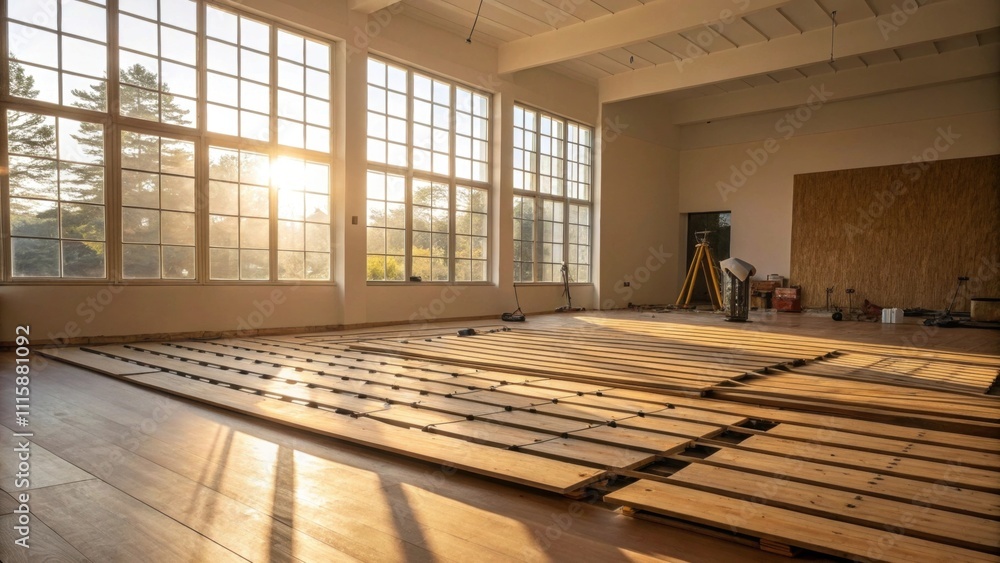 Fototapete An expansive room with sunlight streaming through a large window illuminating a grid of wooden planks each one meticulously arranged and awaiting the final touch of installation.