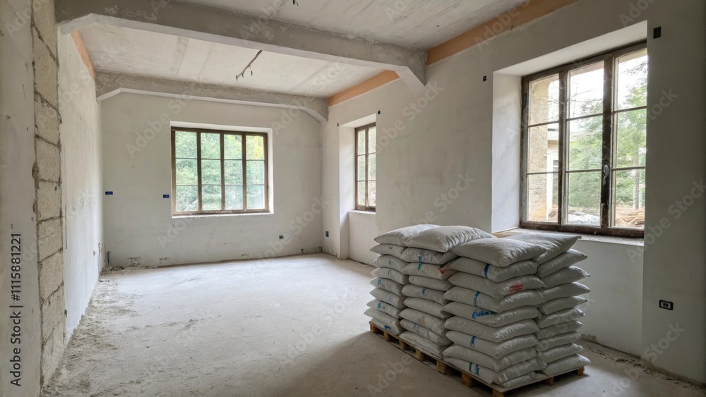 Fototapete An empty room with whitewashed walls and a single window where a neatly organized stack of insulation parcels rests on the floor hinting at upcoming renovations.