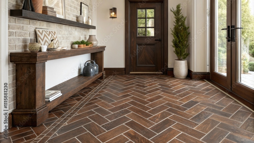Aufkleber An entryway features a stunning herringbone tile layout in rich brown tones paired with a floating shelf for displaying decorative items.