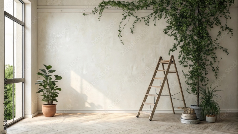 Poster an empty wall with a hint of greenery in the corner paired with a small step ladder preparing for th
