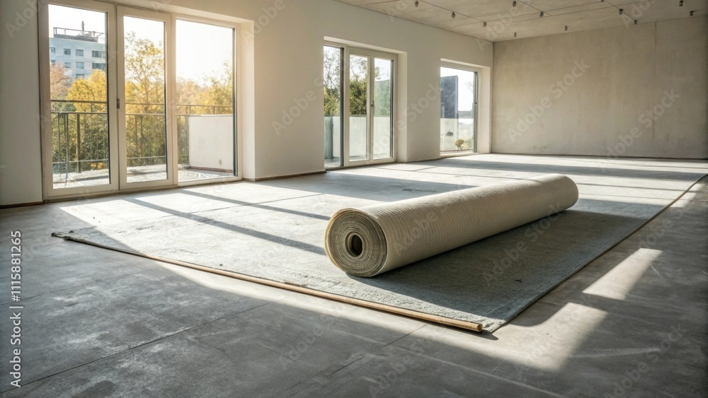 Poster An empty spacious room showcasing a light gray concrete floor with a single roll of carpet padding lying centrally surrounded by shadows and bright sunlight filtering through an