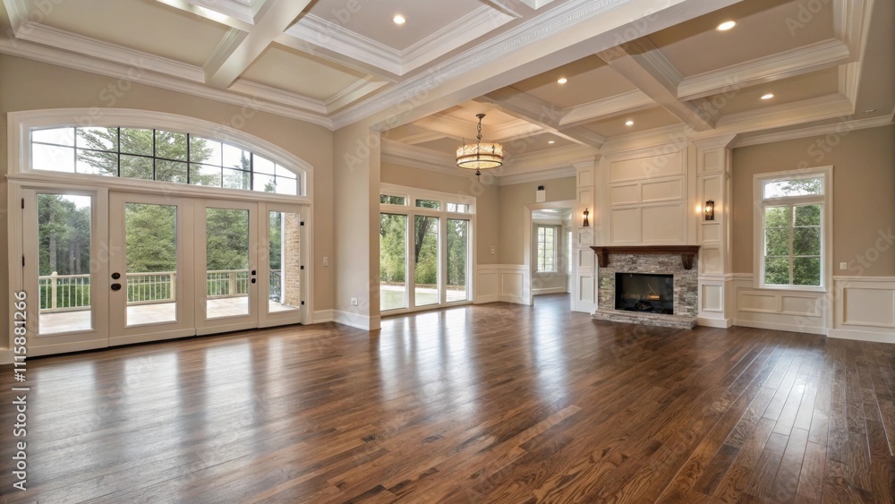 Poster an expansive area showcasing immaculate wood floors accentuated by high ceilings and walls evoking a