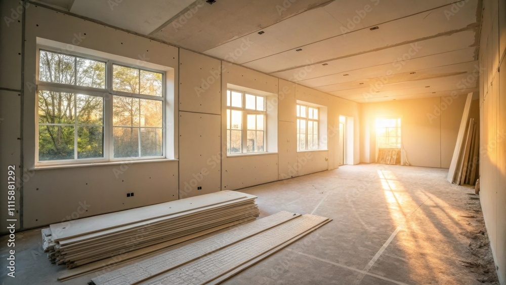 Poster An empty sunlit room with light streaming in showcasing a neat row of drywall sheets on the floor perfectly aligned preparing for the impending transformation.