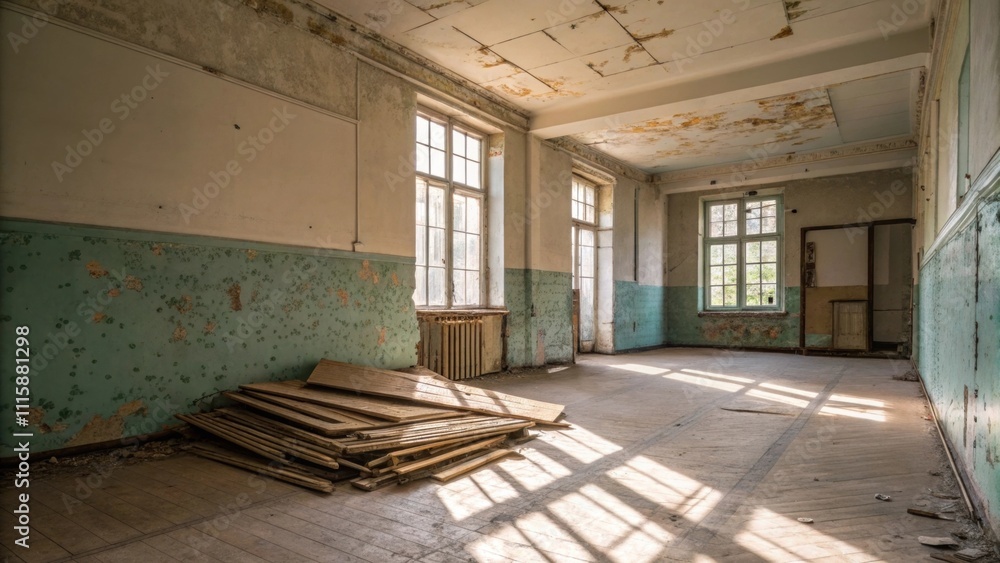 Poster An empty room with discarded laminate flooring piled in the center surrounded by faded paint on the walls evoking a sense of abandonment and waiting for renewal.