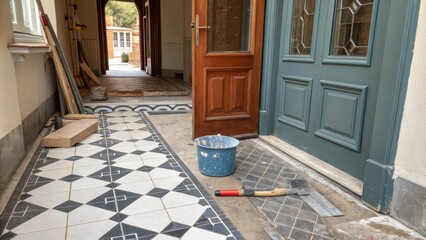 Obraz premium An entryway featuring a mix of matte and glossy tiles where one side is complete and the other half is still in progress with a bucket of grout and a trowel resting nearby.