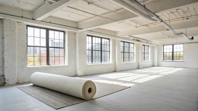 An empty studio apartment with white walls and exposed beams featuring a large roll of carpet padding in the center emphasizing the open space and its potential.