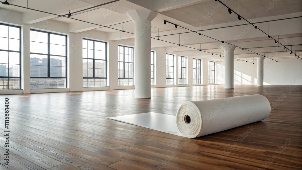 Poster an empty modern loft space highlighting a solitary roll of sy protective film on a sleek parquet flo