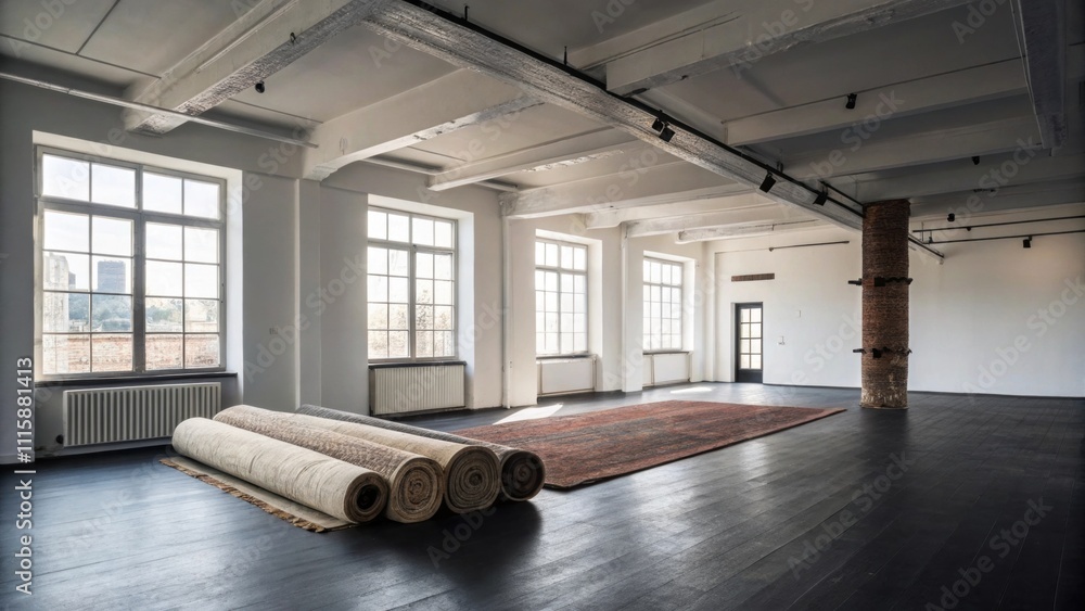 Aufkleber an empty living room with high ceilings and exposed beams where a collection of rolledup rugs lies a