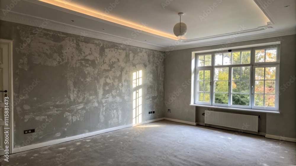 Aufkleber An empty living room showcasing a wall with a stark layer of gray primer light pouring in through a nearby window hinting at a clean slate for design ideas.