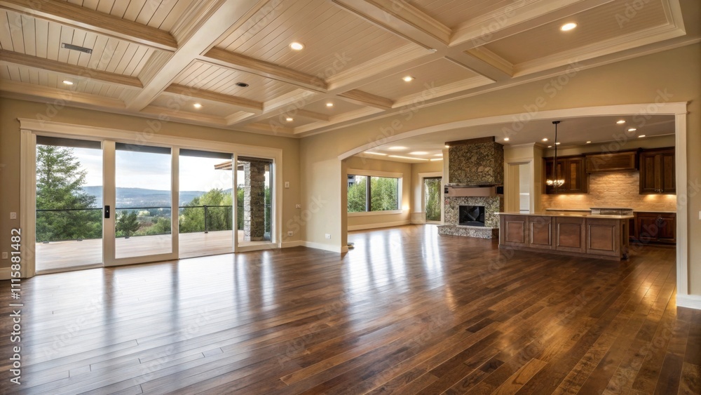 Poster An empty living area showing off smooth lustrous wood floors with an open ceiling that adds to the sense of spaciousness and potential.