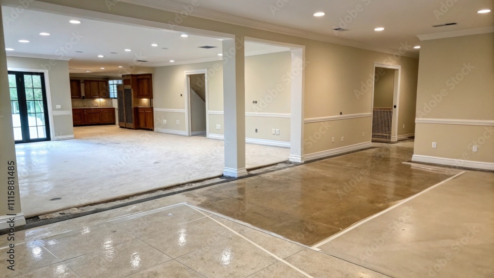 Poster an empty living area with the baseboard removed revealing a clean and clear floor highlighting the c
