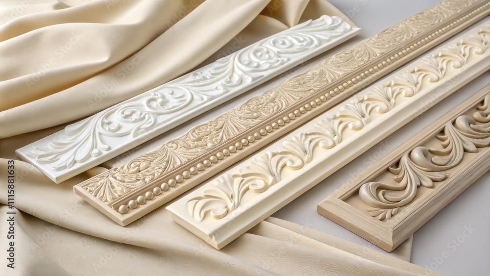 Aufkleber an elegant display of intricate molding elements laid out on a soft neutral fabric accentuating thei