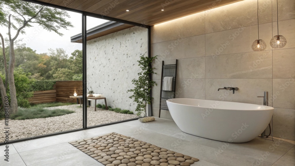 Poster An elegantly patched wall segment in a modern bathroom where the smooth surface leads the eye toward minimalist fixtures evoking a sense of calm and serenity.