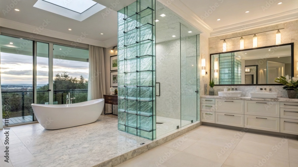 Poster an elegant bathroom space displaying a contemporary setup of stacked glass panels forming a chic sho