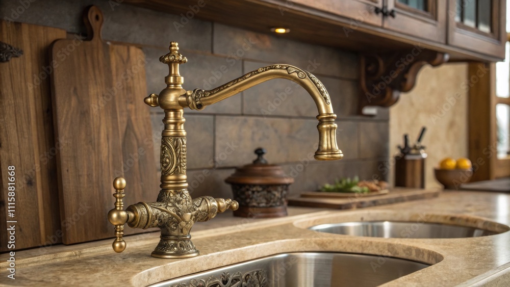 Poster an elegant brass faucet with intricate detailing accompanied by a vintagestyle sink enhancing the wa