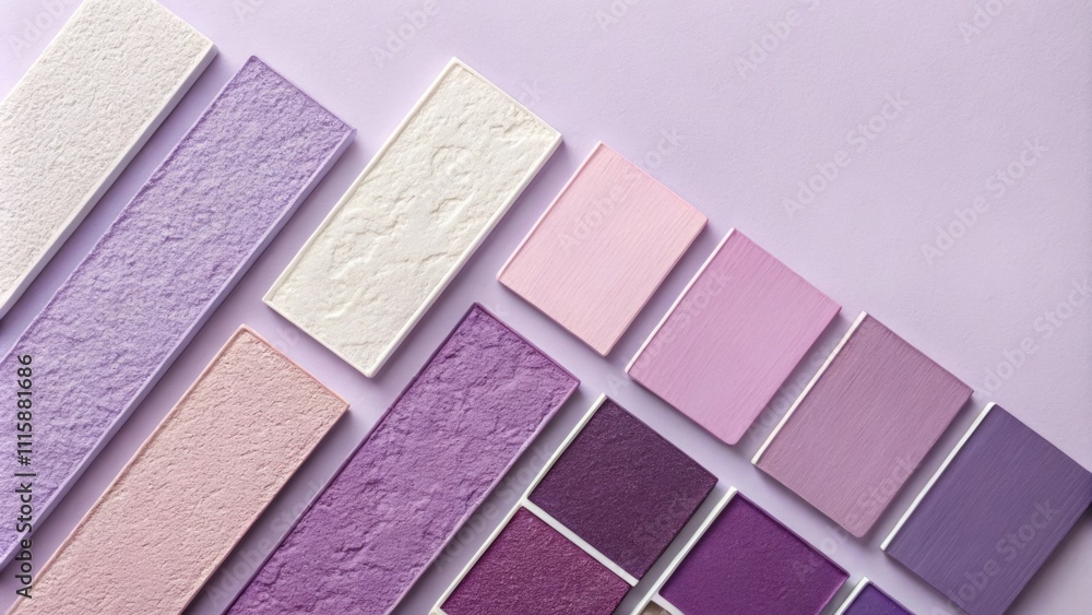 Poster An eclectic mix of textured paint swatches representing different finishes â€“ matte gloss and satin â€“ is arranged on a pale lavender wall showcasing a range of colors from soft