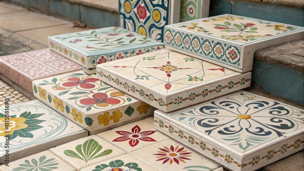 Poster An eclectic mix of vintagestyle tiles stacked haphazardly showcasing floral patterns and retro designs that add a touch of nostalgia and charm.