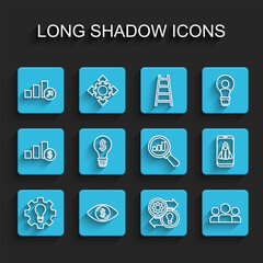 Set line Light bulb and gear, Eye with dollar, Financial growth, Human resources, Users group, Startup project concept and Magnifying glass analysis icon. Vector