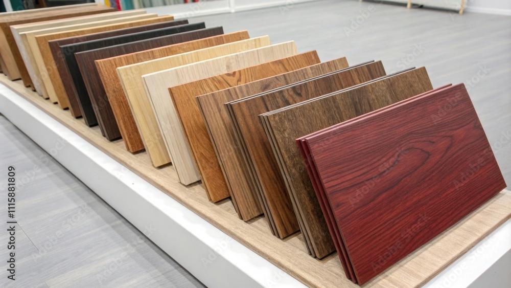 Poster A neat orderly display of laminate boards sorted by color with various wood finishes ranging from light ash to deep cherry atop a flat sterile surface.
