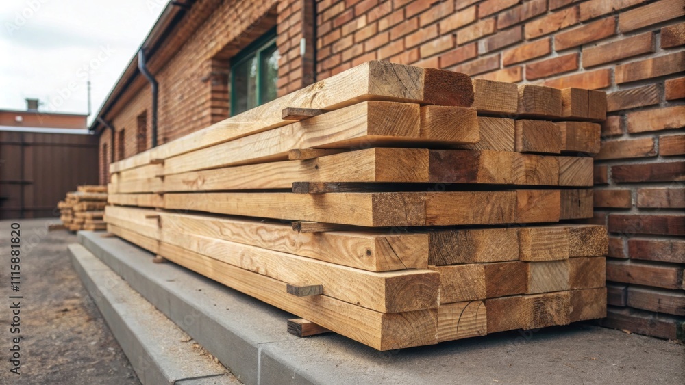 Poster a neatly organized stack of freshly lumber its rich natural grains and knots visible resting against