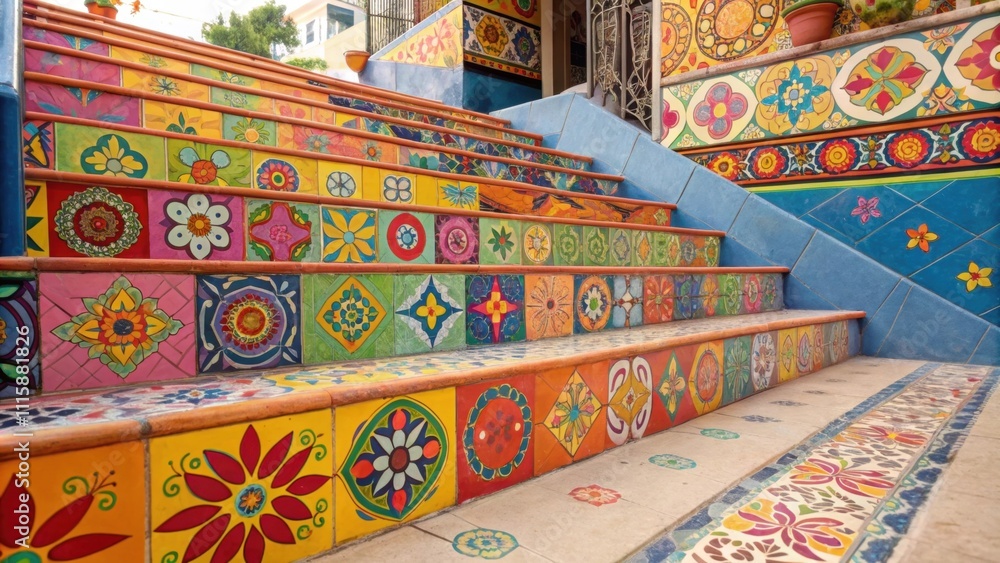 Fototapete an eclectic mix of brightly colored tiles piled high with playful designs that suggest a bohemian fl