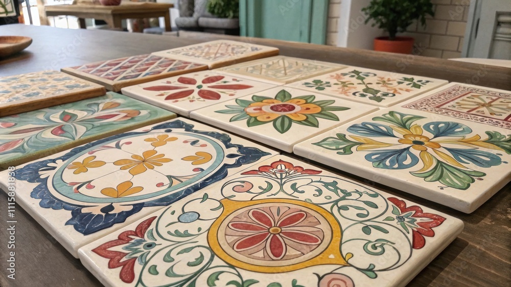 Poster An eclectic assortment of artisan tiles adorned with whimsical designs and colors awaiting their turn to create a unique feature wall in a playful living room.