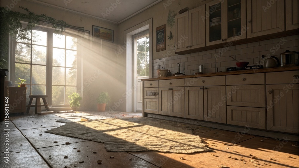 Poster An atmospheric shot of morning light filtering through a window and hitting a kitchen floor where the underlayments texture stands out against the grounds irregularities.