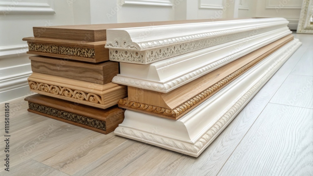 Poster An assortment of baseboards and chair rails neatly piled on a clean lightcolored floor highlighting their smooth finishes and decorative edges.