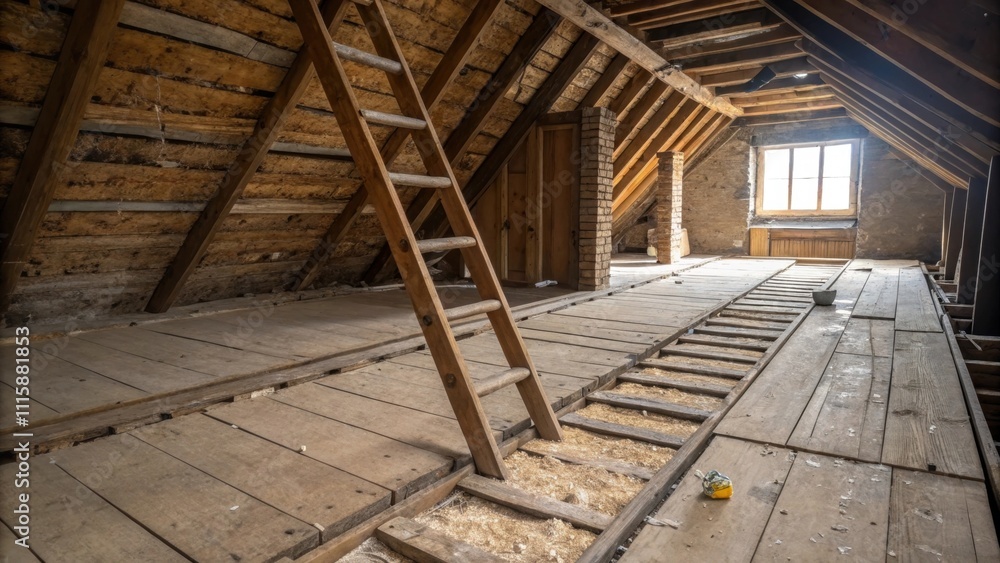 Poster An attic ladder leads up to a floor covered with unfinished boards where a layer of insulation hangs loosely from the roof joists highlighting the rawness of the renovation