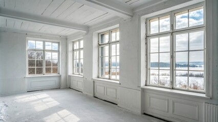 Fototapeta premium An austere room presenting freshly installed windows with wide sills the walls painted in a soft white hue creating an airy and open feel throughout the space.