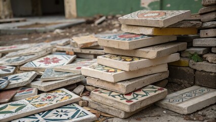 An assortment of broken tiles piled high with a few pieces balanced precariously on top revealing glimpses of old designs lost to time.