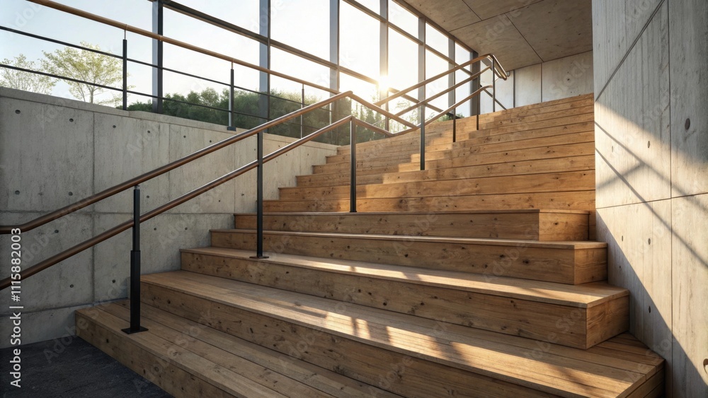 Poster an artistic shot focusing on the grain of unfinished wood steps illuminated by natural light with th