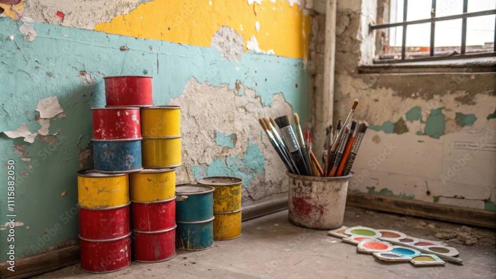 Poster An artistic corner with peeling paint on the walls showcasing a stack of boldcolored cans and a chaotic assortment of brushes in a nearby container.