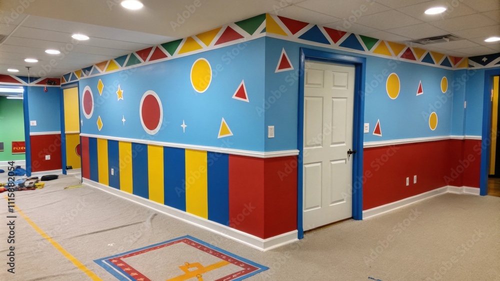 Poster an artistic feature wall in a playroom painted with cheerful primary colors painters tape partially 