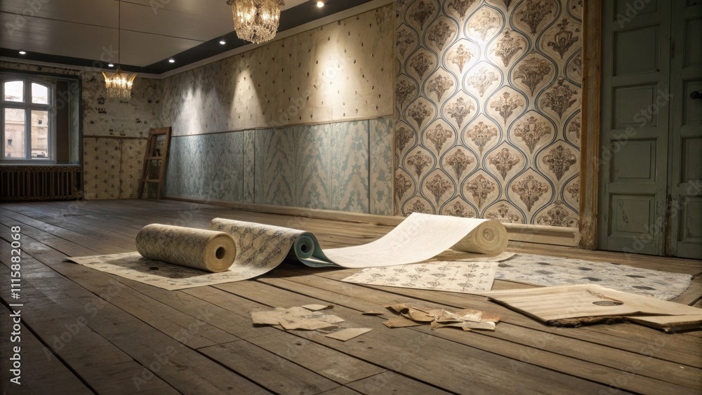 Poster An artistic arrangement of wallpaper fragments tered across an unfinished wooden floor with shadows cast by overhead light highlighting the textures.