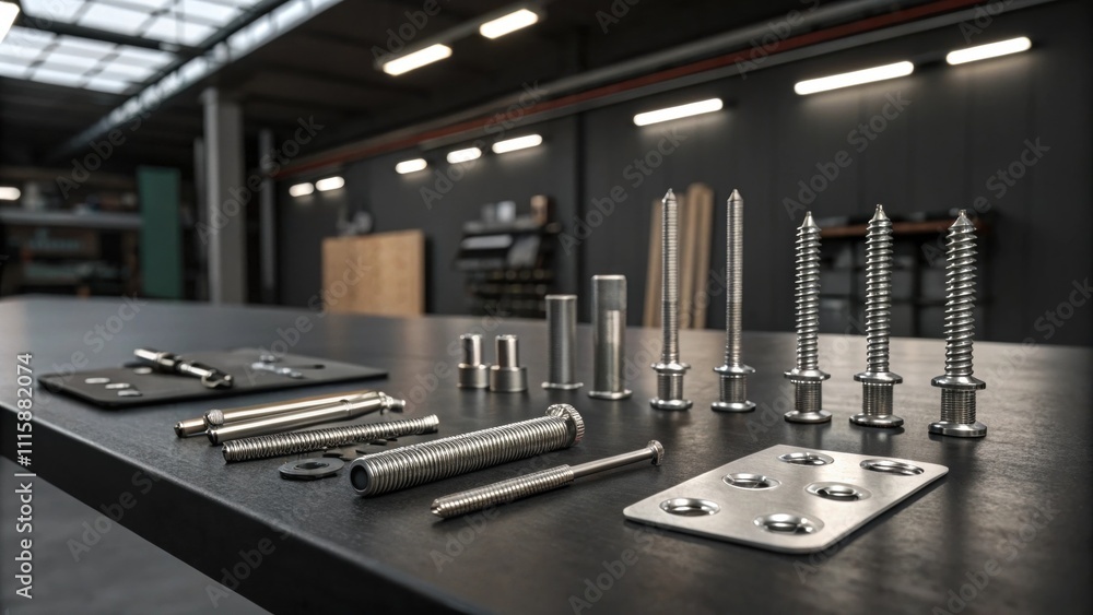Aufkleber An artistic arrangement of screws and assorted hinges on a sleek dark workbench complemented by the soft glow from industrialstyle overhead lighting.