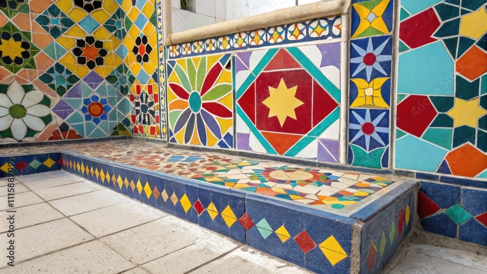 Aufkleber An artistic arrangement of colorful mosaic tiles in a corner their mix of geometric shapes and bright colors creating a playful and dynamic atmosphere.