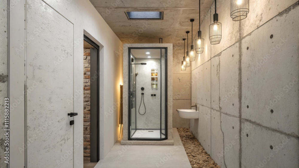 Poster a narrow bathroom corridor showcasing an angular shower unit with wallmounted controls light fixture